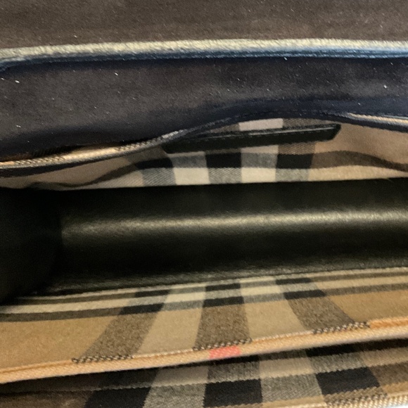 BURBERRY CHECKMARK AND NAVY BLUE LEATHER CROSSBODY PURSE.  Includes dust bag. - Picture 12 of 16